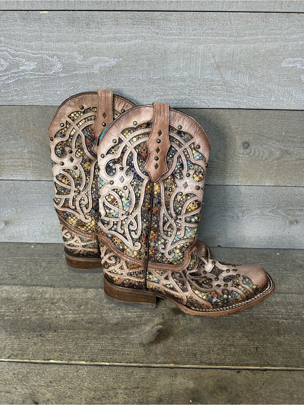 Corral C3405 Bone Multicolor Inlay and Studs Square Toe (Beige) Women's 8 US